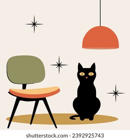 1950s Mid Century Modern Atomic Black Cats and Starbursts, Vector Illustration, 50s retro mcm atomic black cat