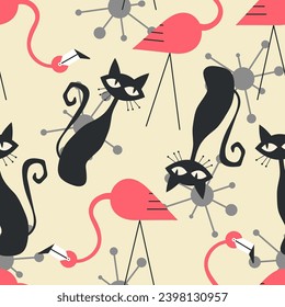 1950s Mid Century Modern Atomic Flamingos, Black Cats, Cosmic Starbursts seamless pattern. Retro fifties vector background