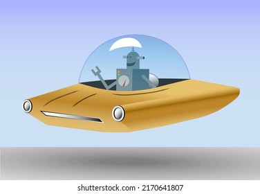 1950's Mid Century Style Retro Sci Fi Robot Driving A Flying Hover Car, Vector Illustration