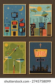 1950s Posters Vector Template Set. Mid Century Modern Style Illustrations, 50s Templates for Retro Party, Event Poster, Atomic Age Style, Space Age Designs, Abstract Shapes, 1950s Colors, Aged Paper Texture