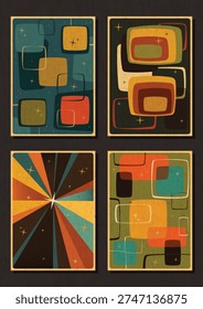 1950s Posters Vector Template Set. Mid Century Modern Style Illustrations, 50s Templates for Retro Party, Event Poster, Atomic Age Style, Space Age Design, Abstract Shapes, 1950s Colors, Aged Paper Texture