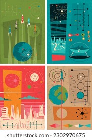 1950s Retro Futurism Style Fantastic Space Abstract Posters Set