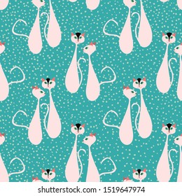 1950s style cats seamless pattern for textiles, paper and kids fashion or decor. Male and female cat couple with elongated bodies and expressive tails. Pink and black, on a textured turquoise ground.