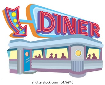 1950s style diner with large neon sign