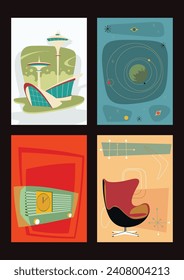1950s Style Event Posters Template Set, Mid Century Modern Colors and Shapes, Retro Future City, Solar System, Retro Radio, Armchair