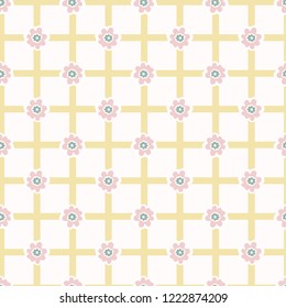 1950's Style Flower Daisy Gingham Seamless Vector Pattern. Hand Drawn Geometric Floral Texture for Easter Textile Prints, Summer Decor, Pretty Backdrops. Feminine Packaging, Gift Wrap, Wallpaper