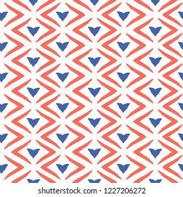 1950s Style Retro Chevron Love Heart Seamless Vector Pattern. Hand Drawn Texture for Summer Textile Prints, Wedding Invitations Decor, Trendy Folk Fashion Prints, Valentines Day Card. Vintage Blue Red