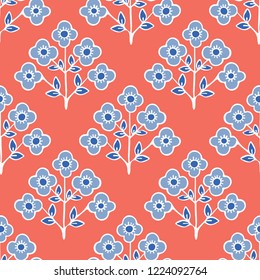 1950s Style Retro Daisy Flower Seamless Vector Pattern. Folk Floral Bouquet. Hand Drawn Summer Textile Prints for Trendy Boho Folk Art Fashion, Packaging, Girl Clothing, Stationery. Vintage Blue Red 