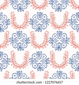 1950s Style Retro Daisy Flower Seamless Vector Pattern. Folk Floral Quilt. Hand Drawn Summer Textile Prints for Trendy Boho Folk Art Fashion, Packaging, Girl Clothing, Stationery. Vintage Blue Red 