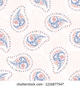 1950s Style Retro Daisy Paisley Seamless Vector Pattern. Folk Ethnic Flower Embroidery Motif. Hand Drawn Textile Prints for Trendy Fashion, Packaging, Scandi Clothing, Stationery. Vintage Red Blue  