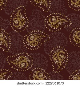 1950s Style Retro Daisy Paisley Seamless Vector Pattern. Folk Ethnic Flower Embroidery Motif. Hand Drawn Textile Prints for Trendy Fashion, Packaging, Scandi Clothing, Stationery. Vintage Brown Gold