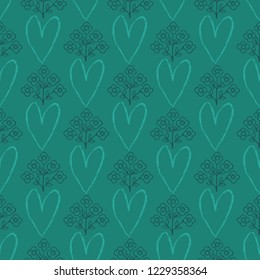 1950s Style Retro Love Heart Floral Seamless Vector Pattern. Hand Drawn Folk Flower Texture for Summer Textile Print, Wedding InvitationsDecor, Trendy Folk Fashion Prints, Green Valentines Day Cards. 