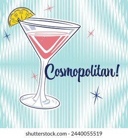 Ein Vektor-Bild im Stil der 1950er Jahre eines klassischen Cosmopolitan Martini, entworfen, um den ikonischen Martini-Tag zu feiern. 