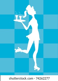 A 1950's style waitress roller skating with an order of food.