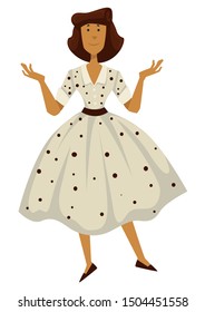 1950s Style, Woman In Polkadot Dress, 50s Retro Fashion Vector. Female Characters, Vintage Clothes And Hairstyle, Poodle Skirt. Clothing Design And Old-fashioned Outfit, Girl In Sundress And Slipons