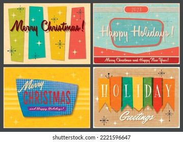 1950s-1960s Mid Century Modern Abstract Grunge Style Winter Holidays Celebration Posters Set