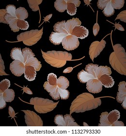 1950s-1960s motifs. Abstract seamless vector pattern with hand drawn floral elements. Silk scarf with hibiscus flowers in black and beige colors. Autumn colors. Retro textile design collection.