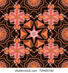 1950s-1960s motifs. Abstract seamless vector pattern with hand drawn floral elements. Silk scarf with blooming flowers. Black, brown and orange. Retro textile design collection.