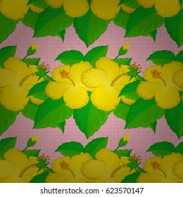 1950s-1960s motifs. Autumn colors. Abstract seamless vector pattern with hand drawn floral elements. Silk scarf with hibiscus flowers on a pink background. Retro textile design collection.