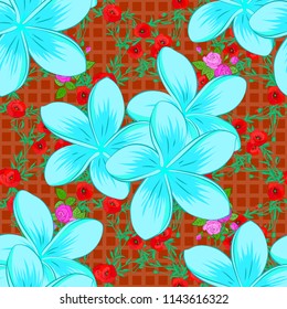 1950s-1960s motifs. Autumn colors. Retro textile design collection. Seamless vector pattern with hand drawn floral elements. Silk scarf with plumeria flowers in green, blue and orange colors.