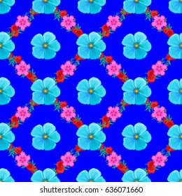 1950s-1960s motifs. Autumn colors. Retro textile design collection. Abstract seamless vector pattern with hand drawn floral elements. Silk scarf with cosmos flowers on a blue background.