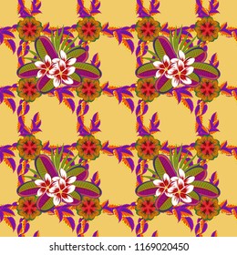 1950s-1960s motifs. Retro textile design collection. Autumn colors. Silk scarf with plumeria flowers in yellow, orange and purple colors. Abstract seamless vector pattern - hand drawn floral elements.