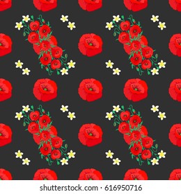 1950s-1960s motifs. Retro textile design collection. Silk scarf with poppy flowers on a gray background. Abstract seamless vector pattern with hand drawn floral elements. Autumn colors.
