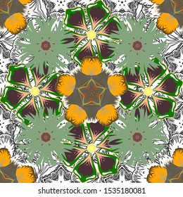 1950s-1960s motifs. Silk scarf with blooming flowers in yellow, white and brown colors. Retro textile design collection. Abstract seamless vector pattern with hand drawn floral elements. Autumn colors