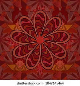 1950s-1960s motifs. Silk scarf with blooming flowers. Red, pink and orange on red, pink and orange. Abstract seamless vector pattern with hand drawn floral elements. Retro textile design collection.