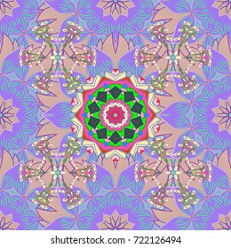 1950s-1960s motifs. Silk scarf with blooming flowers. Violet, neutral and green on violet. Abstract seamless vector pattern with hand drawn floral elements. Retro textile design collection.