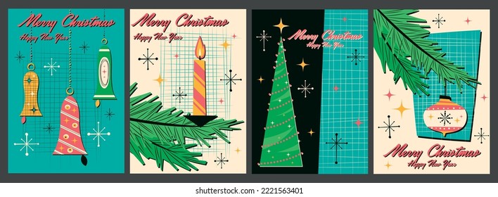 1950s-1960s Retro Abstract Style Christmas And New Year Celebration Posters Set