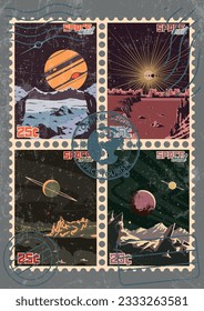 1950s-1960s Retro Future Style Space Planet Landscape Postage Stamps Set