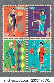 1950s-1960s Retro Woman Fashion Style Mid Century Modern Postage Stamps Sat