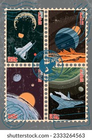 1950s-1960s Style Planet Landscape Space Ship Postage Stamps Set