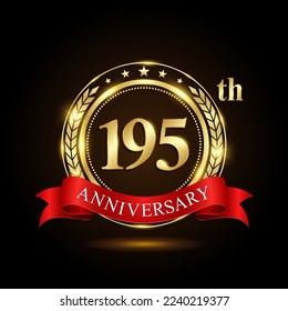 195th Anniversary. Golden Anniversary Emblem Design with shiny ring and red ribbon, Laurel wrath isolated on black background. Logo Vector Ilustration