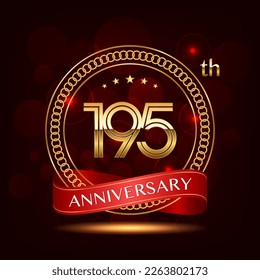 195th Anniversary logo design with golden number and red ribbon for anniversary celebration event, invitation, wedding, greeting card, banner, poster, flyer, brochure, book cover. Logo Vector Template