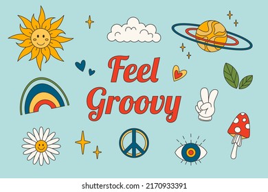 1960-1969 retro groovy poster. Psychedelic groovy collection - chamomile, rainbow, mushroom, eye, victory sign, and other. Vector web banner in hippie style.