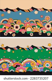 1960-1970s Psychedelic Retro Style Floral Design Backgrounds Set