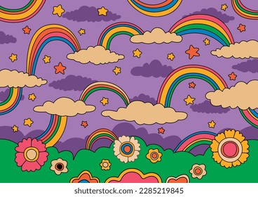 1960-1970s Psychedelic Retro Style Rainbow Floral Abstract Background