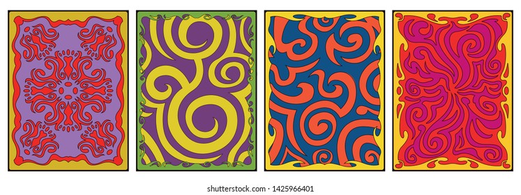 1960s, 1970s Backgrounds Set, Psychedelic Cover Templates, Vintage Ornamental Patterns