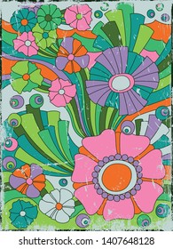 1960s, 1970s Floral Background, Psychedelic Art Hippie Style, Grunge Texture