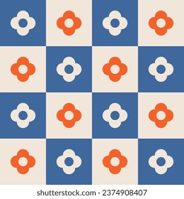 1960s, 1970s retro groovy checkered seamless pattern, geometric and floral vector illustration