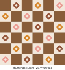 1960s, 1970s retro groovy checkered seamless pattern, geometric and floral vector illustration