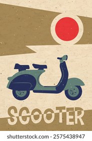 1960s Advertising Poster Style Illustration. Retro Scooter, Abstract Background, Aged Paper Texture