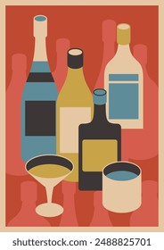 1960s Advertising Poster Style Vector Template, Mid Century Modern Colors and Shapes, Bottles, Alcoholic Drinks, Glasses