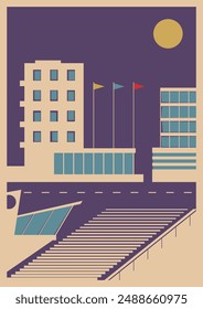 1960s Advertising Poster Vector Stylization, City Panorama, New Buildings and Roads, Vintage Colors