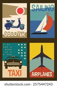 1960s Advertising Posters Style Illustration Set. Retro Scooter, Sailboat, Taxi Car, Airplane. Abstract Backgrounds, 1960s Colors and Shapes