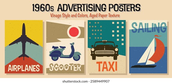 1960s Advertising Posters Style Illustration Set. Retro Airplane, Scooter, Taxi and Sailboat. Vintage Style and Colors, Aged Paper Texture