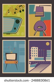 1960s Advertising Posters Style Vector Illustrations, Mid Century Modern Furniture, Retro Radio and TV Set, City Panorama, 60s Colors and Shapes