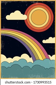 1960s Art Style Cover, Poster Template, Child's Drawing Style, Sun, Rainbow, Clouds, Vintage Colors, Grunge Texture Pattern